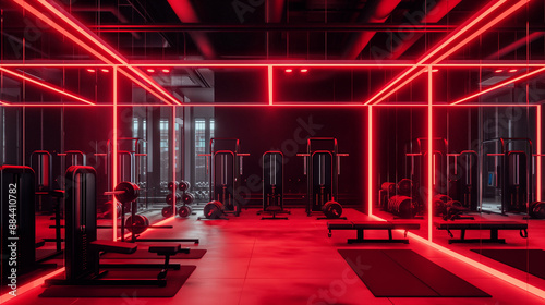 A high-tech gym interior illuminated with intense red lighting, showcasing various fitness equipment. photo