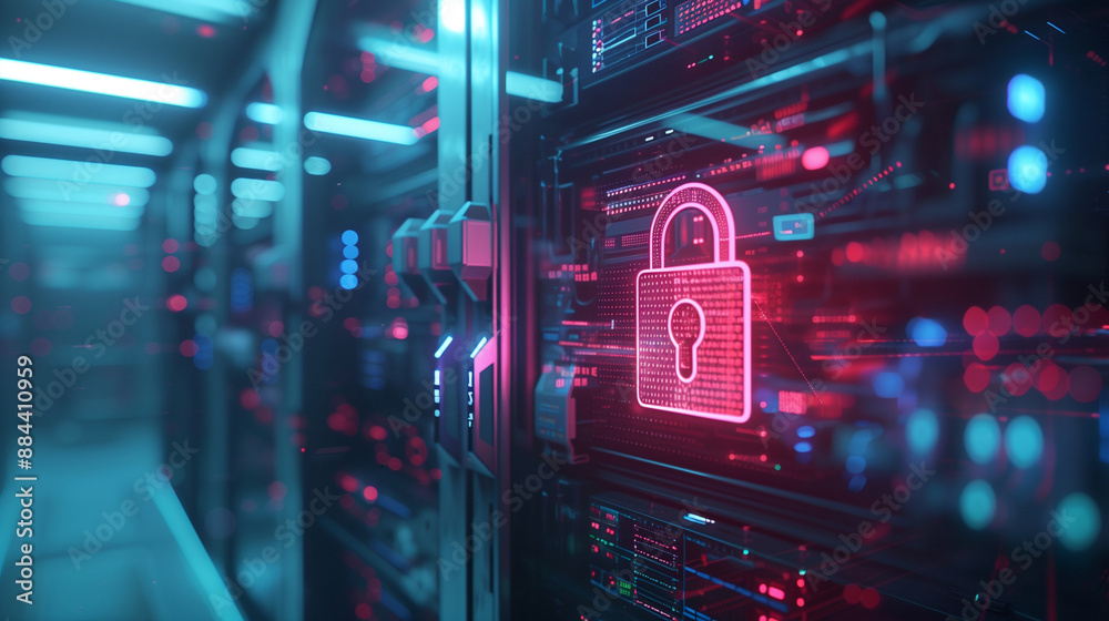 A futuristic digital security system with a holographic padlock icon and cyber symbols, set in an advanced data center or laboratory environment. The scene captures the essence of A futuristic digital security system with a holographic padlock icon and cyber symbols, set in an advanced data center or laboratory environment. The scene captures the essence of