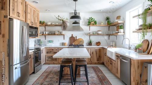 Beautiful Boho style kitchen interior design with wooden decorations