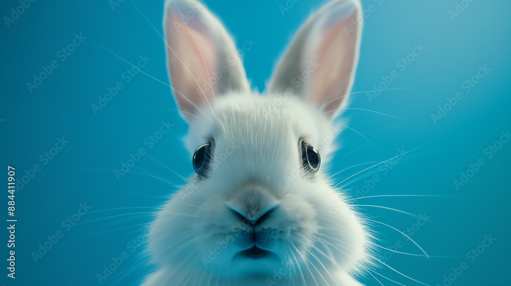 Obraz premium White rabbit with an open mouth against a blue background.