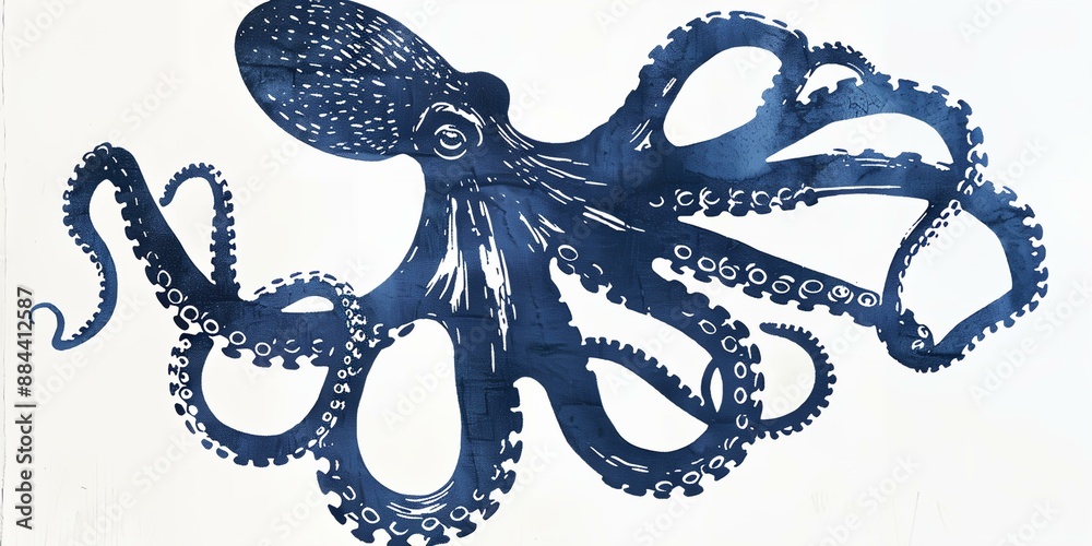 Fototapeta premium A blue octopus with a white background. The octopus is the main focus of the image