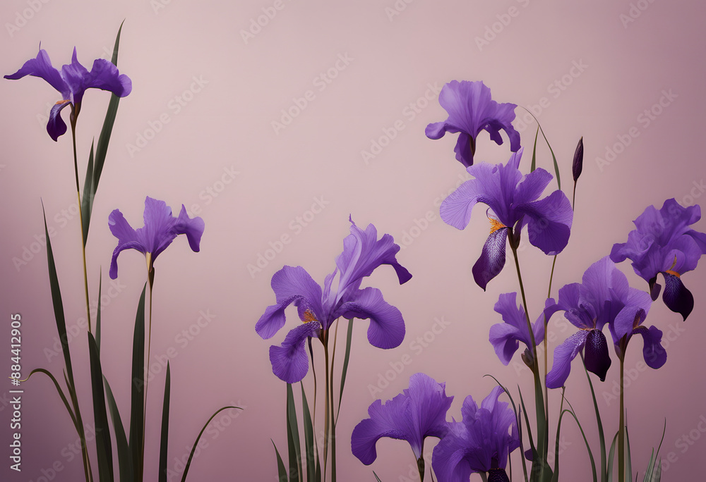 Close-up of purple iris flowers with green leaves against a soft pink background. Close-up of purple iris flowers with green leaves against a soft pink background.