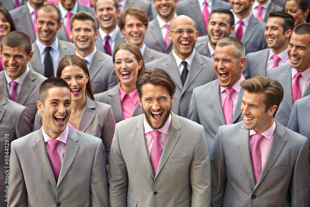 A large group of laughing people wearing the same clothes. A large group of laughing people wearing the same clothes.