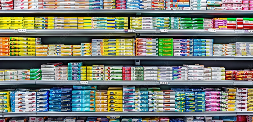 Naklejka premium A supermarket shelf containing various types of toothpaste