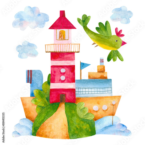 Watercolor illustration holidays at sea, isolated on white. Hand drawn elements lighthouse, ship, clouds and green bird. Summer vacation cartoon design.