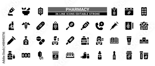 36 Pharmacy Line Icons Set Pack Editable Stroke Vector Illustration.