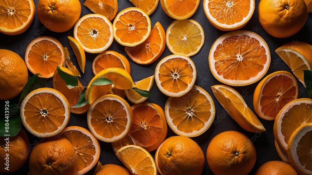 Slices of fresh orange fruit fall into the cooling cold water Slices of fresh orange fruit fall into the cooling cold water
