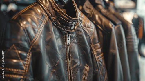 A premium leather jacket with detailed stitching, hanging in a stylish boutique.