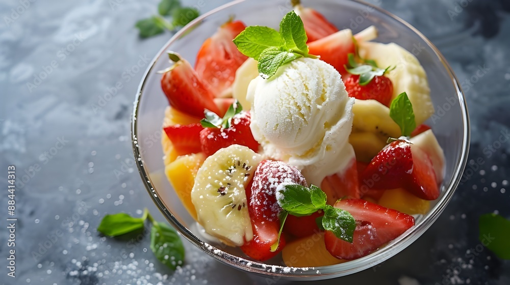 Milkshakes topped with cream in tall glasses adorned with assorted fruits on a white table against a colorful backdrop. Viewed from the front. Milkshakes topped with cream in tall glasses adorned with assorted fruits on a white table against a colorful backdrop. Viewed from the front.