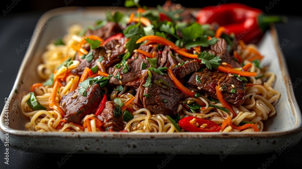 Plate of Noodles with Beef, Vegetables, and Herbs