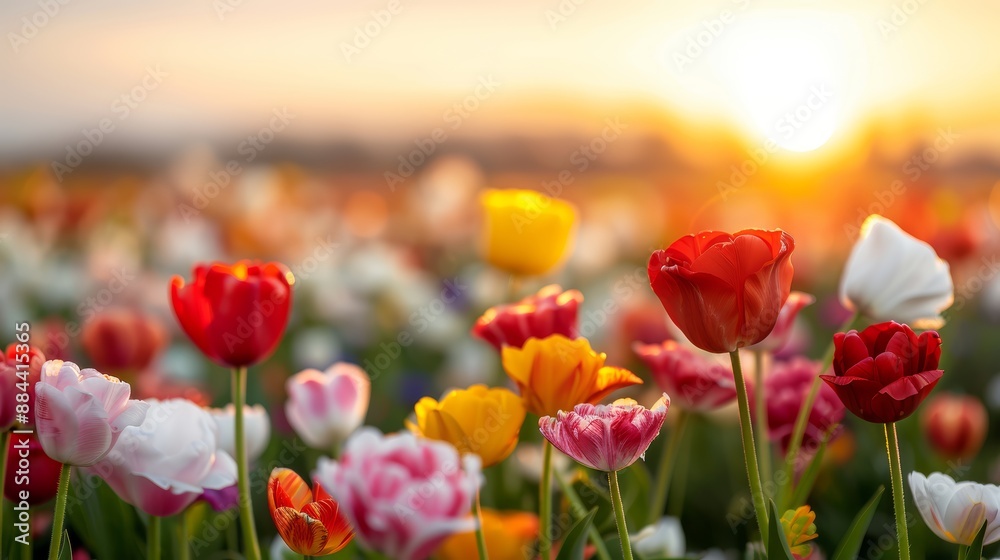 Sunset over a field of diverse and colorful flowers, capturing the beauty of nature's palette in a stunning landscape scene, focus cover all object, deep dept of field Sunset over a field of diverse and colorful flowers, capturing the beauty of nature's palette in a stunning landscape scene, focus cover all object, deep dept of field