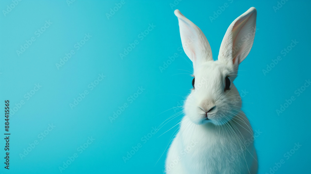 Obraz premium White rabbit with a blue background looking inquisitive.