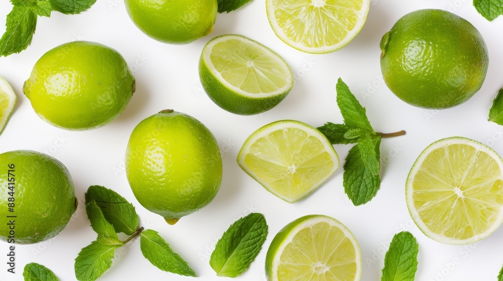 Top-down view of whole and cut limes with fresh mint leaves spread evenly on a white background. Bright, natural colors, focus cover all object, deep dept of field Top-down view of whole and cut limes with fresh mint leaves spread evenly on a white background. Bright, natural colors, focus cover all object, deep dept of field