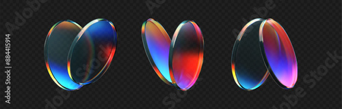 3d crystal glass plate set with rainbow, holographic effect isolated on dark background. Render transparent glass disk, product podium or mirror with iridescent gradient texture. 3d vector figure