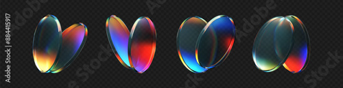 3d crystal glass plate set with rainbow, holographic effect isolated on dark background. Render transparent glass disk, product podium or mirror with iridescent gradient texture. 3d vector figure