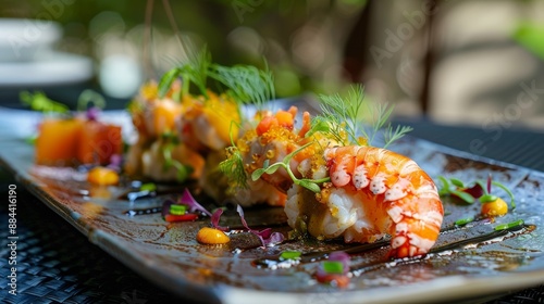 The national cuisine of Japan. Langoustines in a crispy crust with ratatouille.  photo