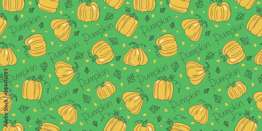 Pumpkin pattern, leaves. Hand lettering. Halloween holiday. Harvest, vegetables. Doodle pumpkin options, drawing. Seamless background. Pumpkin pattern, leaves. Hand lettering. Halloween holiday. Harvest, vegetables. Doodle pumpkin options, drawing. Seamless background.