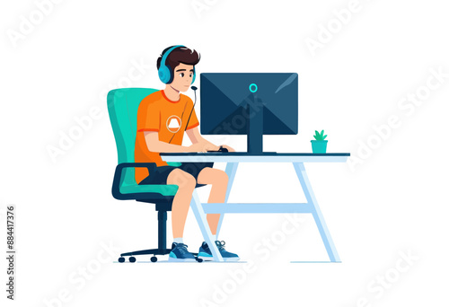 Young Man in Casual Clothing Working on Computer