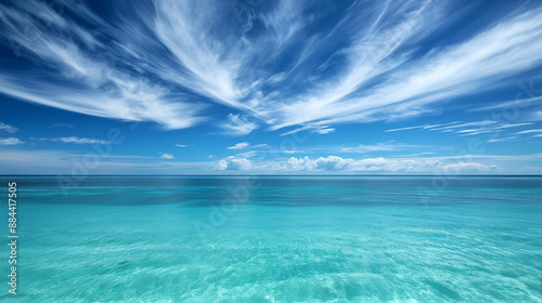 Clear blue ocean with reflections of fluffy white clouds in the sky.