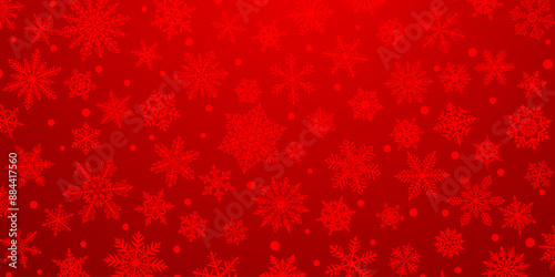 Christmas background of beautiful complex snowflakes in red colors. Winter illustration with falling snow.