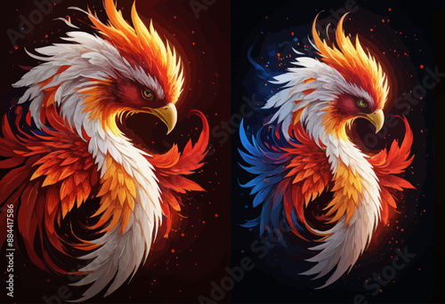 Vibrant and dynamic bird illustration with fiery plumage and contrasting colors