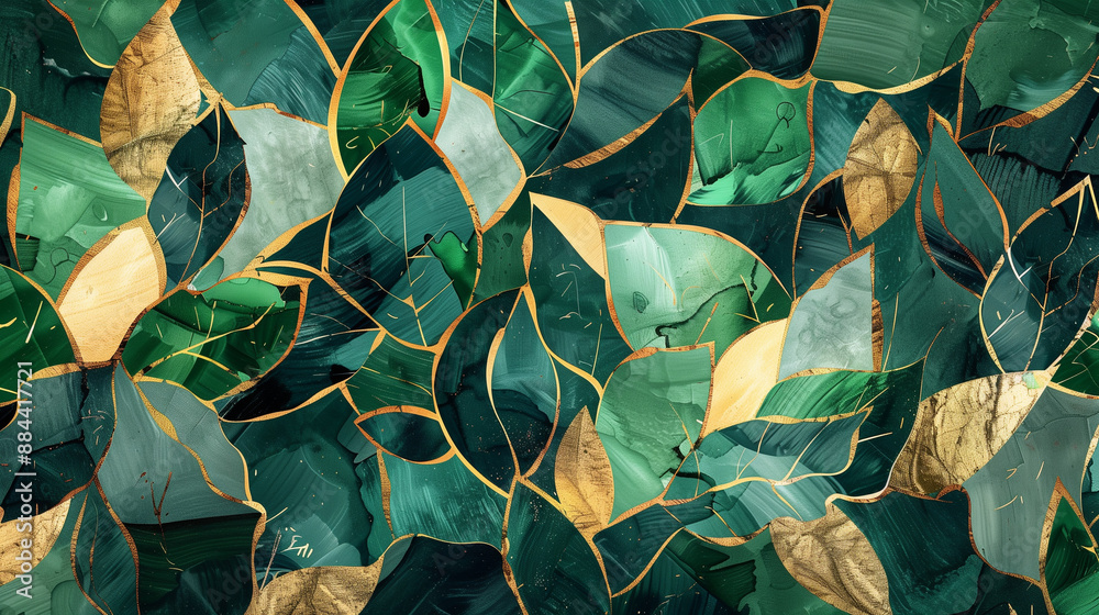 Boho style, green and gold leaves, geometric art painting Boho style, green and gold leaves, geometric art painting