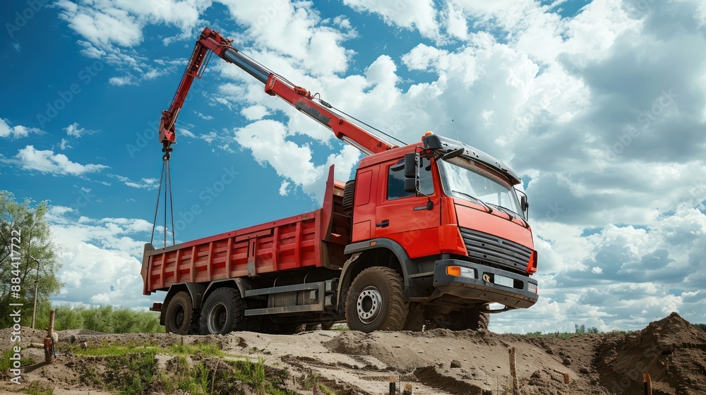 Construction truck with a crane lifting materials. Construction truck with a crane lifting materials.