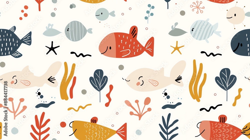 Colorful fish pattern illustration featuring various sea creatures, plants, and abstract elements. Great for kids' designs and backgrounds. Colorful fish pattern illustration featuring various sea creatures, plants, and abstract elements. Great for kids' designs and backgrounds.