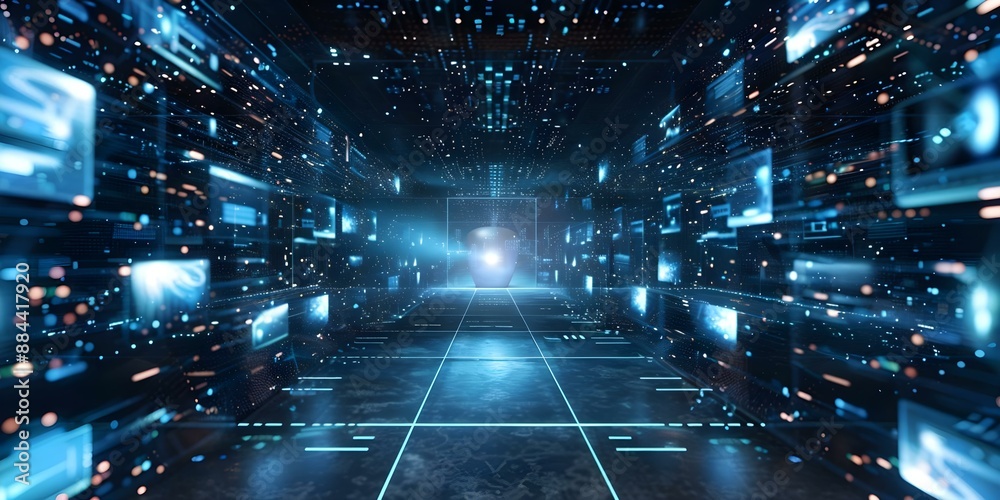 Fototapeta premium Contemporary elearning in a futuristic digital format. Concept E-Learning Trends, Digital Transformation, Futuristic Education, Innovation in Online Learning