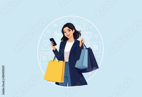 Smiling Woman Shopping Online with Two Bags