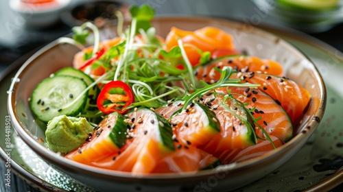 The national cuisine of Japan. Marinated salmon with a salad of chili, cucumber and lime juice.  photo