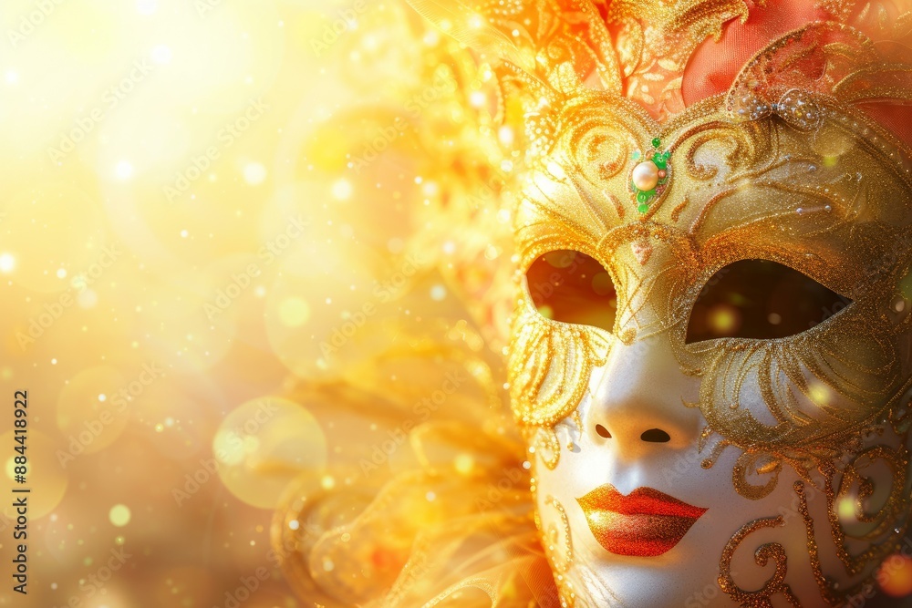 Closeup of a detailed venetian carnival mask adorned with gold and jewels, sparkling Closeup of a detailed venetian carnival mask adorned with gold and jewels, sparkling