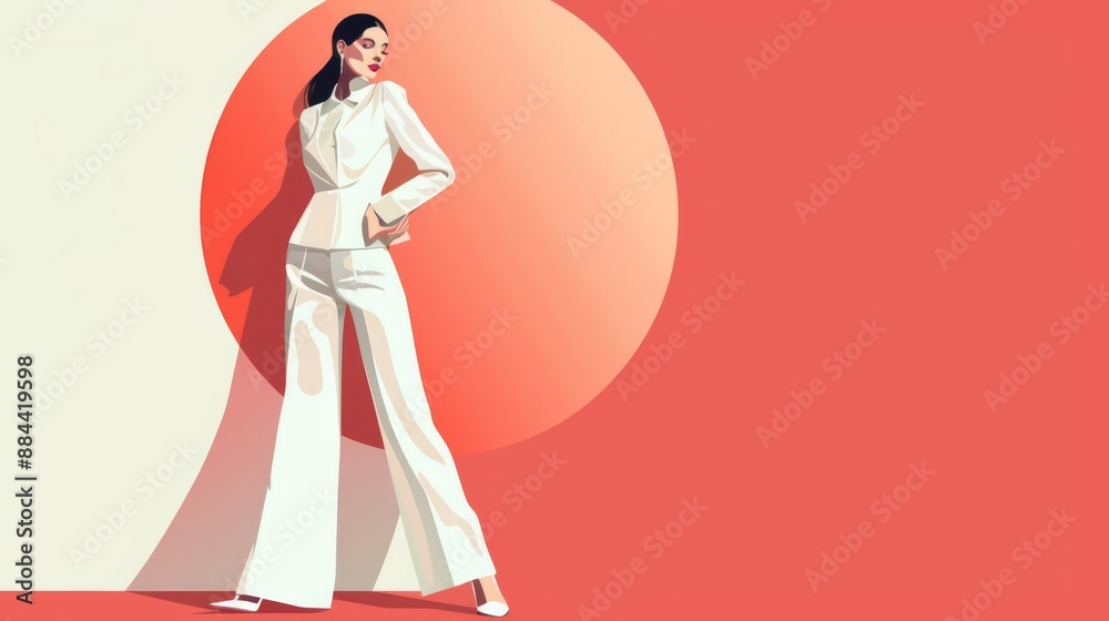 Elegant woman in a classy outfit, flat , retrofuturism style, pastel hues, clean design Elegant woman in a classy outfit, flat , retrofuturism style, pastel hues, clean design