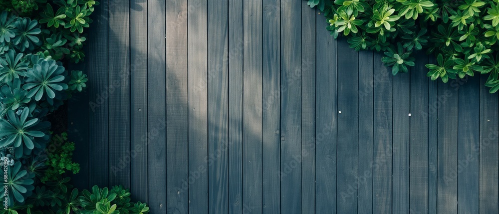 Natural wood plank planks panel background with green leaves Natural wood plank planks panel background with green leaves