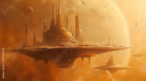 Fototapeta Naklejka Na Ścianę i Meble -  futuristic space station floating in the atmosphere of an orange planet, with spaceships approaching and large buildings
