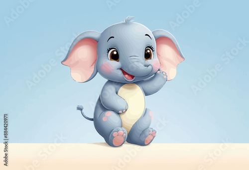 Cheerful Elephant Character with Pink Eyes and Pink Trunk, Smiling and Waving