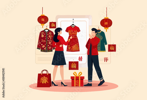 Chinese New Year Shopping: A Couple Exploring Traditional Clothing and Gifts