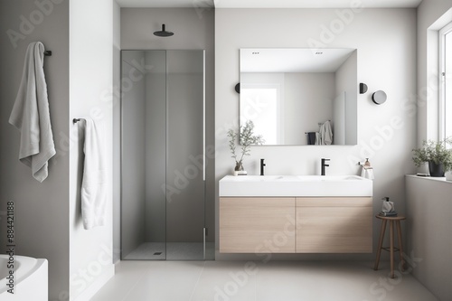 home design, bathroom interior in modern scandinavian style in natural gray tones