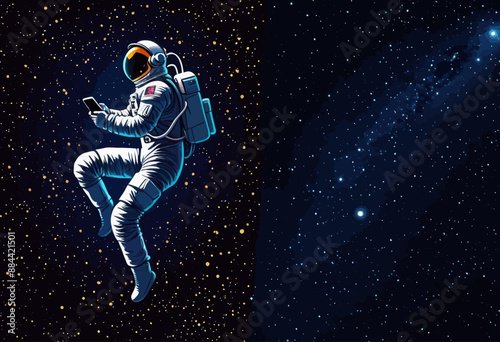 Spacewalking Astronaut with Smartphone, Night Sky Background