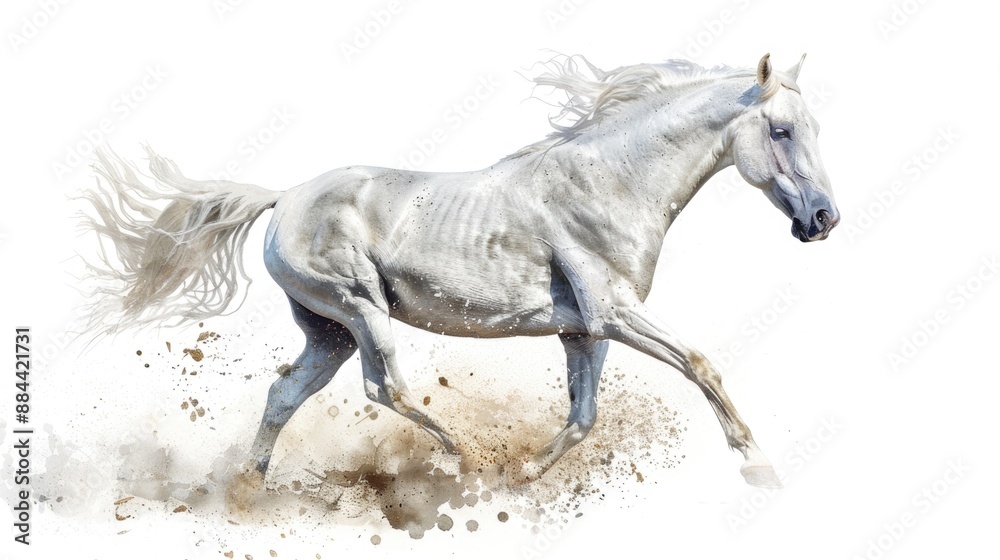 A white horse gallops freely across a sandy surface, with a pure white background A white horse gallops freely across a sandy surface, with a pure white background
