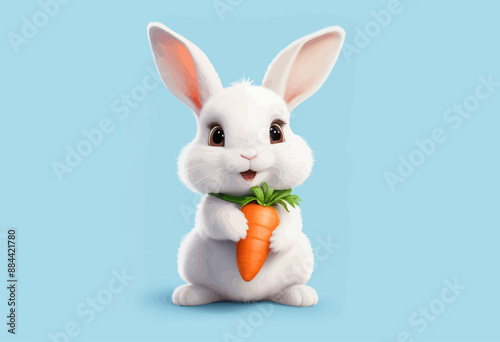 Adorable White Bunny with Carrot and Green Leaf