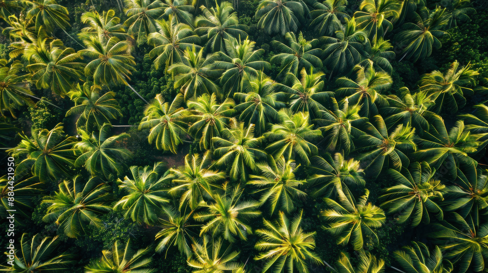 Aerial view of a vast coconut plantation, showcasing the symmetry of the palm tree rows Aerial view of a vast coconut plantation, showcasing the symmetry of the palm tree rows
