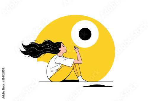 Contemplative Woman Seated in Front of Yellow Eye-like Circle
