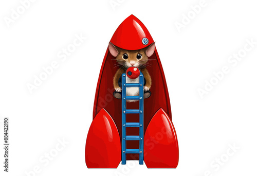 Adorable Mouse in Astronaut Costume with Red Rocket and Blue Ladder