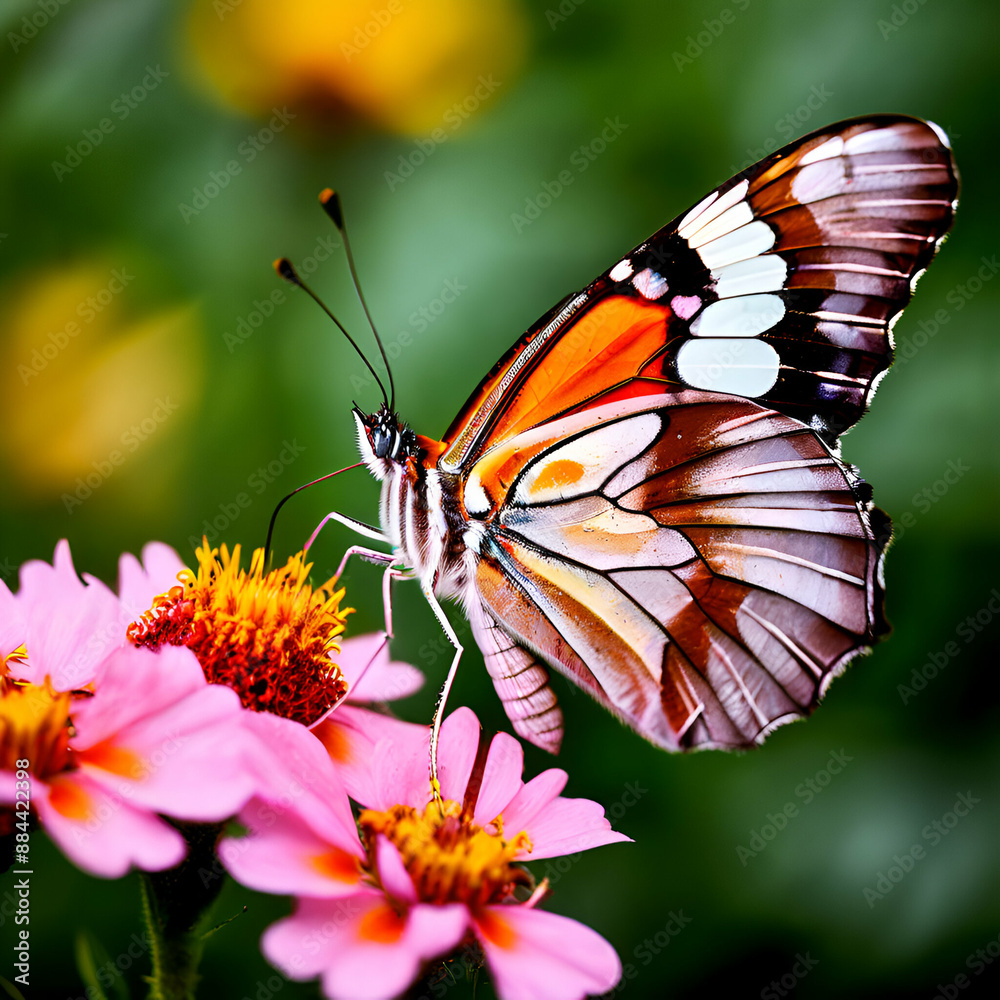 a monarch butterfly with orange, black, and white wings perched on a bright pink flower. The background shows green leaves. a monarch butterfly with orange, black, and white wings perched on a bright pink flower. The background shows green leaves.