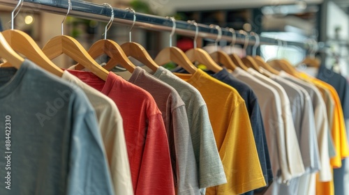 A rack of casual, stylish t-shirts in a range of colors and designs, displayed in a bright, modern store.