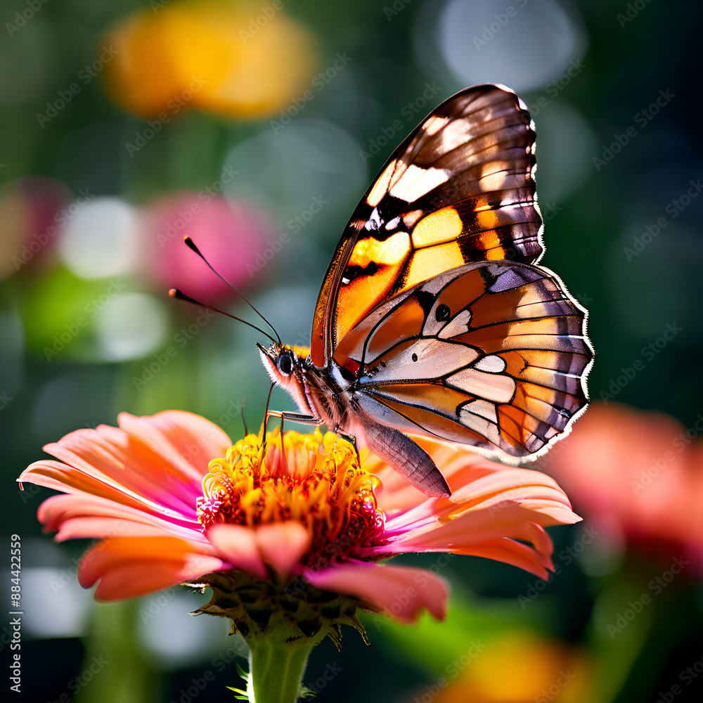 Obraz premium a monarch butterfly with orange, black, and white wings perched on a bright pink flower. The background shows green leaves.