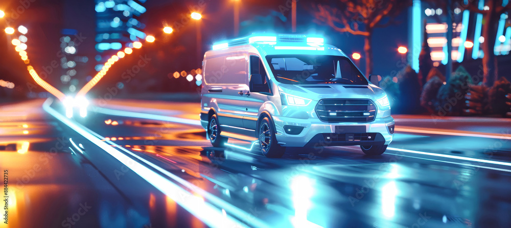 A sleek, modern ambulance with flashing lights races through a city at night, illuminated by vibrant neon lights A sleek, modern ambulance with flashing lights races through a city at night, illuminated by vibrant neon lights