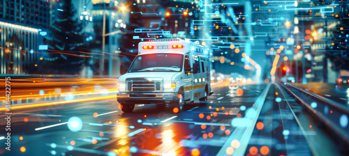 An ambulance with flashing lights speeds through a modern city street, illuminated by a futuristic display of data visualizations and digital elements