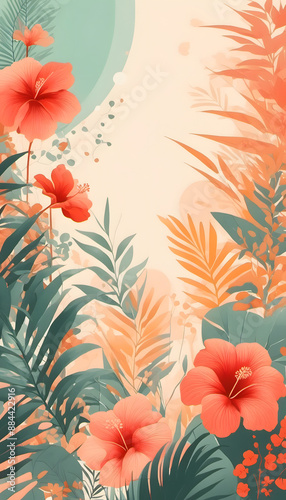 A vibrant floral pattern featuring large pink and red hibiscus flowers, orange blossoms, green palm leaves and green tropical leaves on a light background.